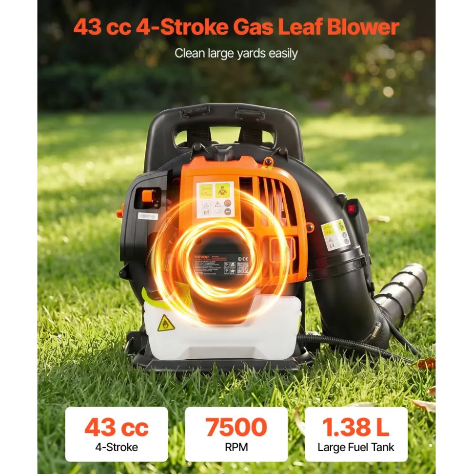 VEVOR Backpack Leaf Blower, 43CC 2-Stroke Engine Gas Powered Leaf Blower with 1.38L Fuel Tank, 447 CFM Air Volume, 150 MPH Air Speed, Ideal for Lawn Care, Leaves Cleaning, Yard Debris & Snow Removal