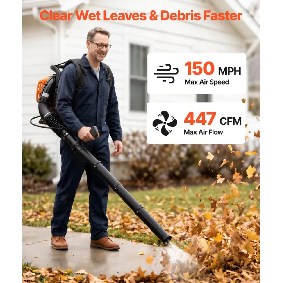 VEVOR Backpack Leaf Blower, 43CC 2-Stroke Engine Gas Powered Leaf Blower with 1.38L Fuel Tank, 447 CFM Air Volume, 150 MPH Air Speed, Ideal for Lawn Care, Leaves Cleaning, Yard Debris & Snow Removal