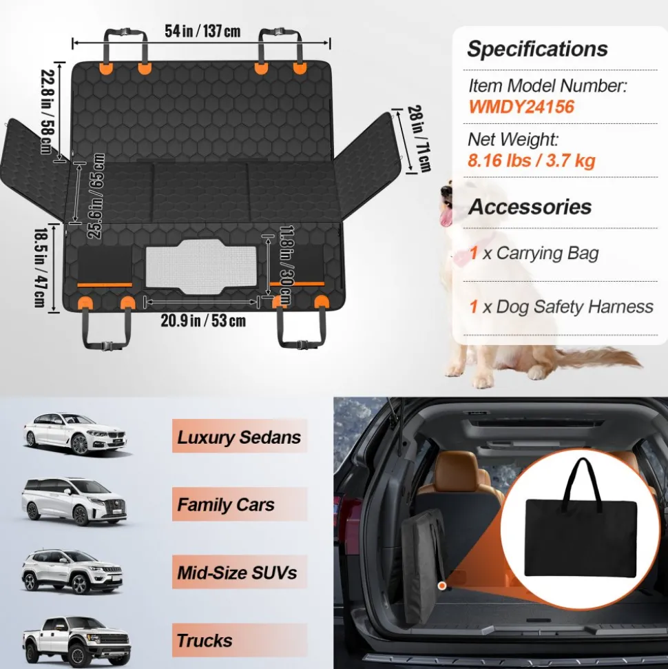 VEVOR Back Seat Extender, Dog Car Seat Cover for Back Seat Bed with Mesh Window and Storage Pocket, Supports 350lbs Dog Hammock for Car Dog Car Bed 54"x25.6" for Car, SUV, Truck