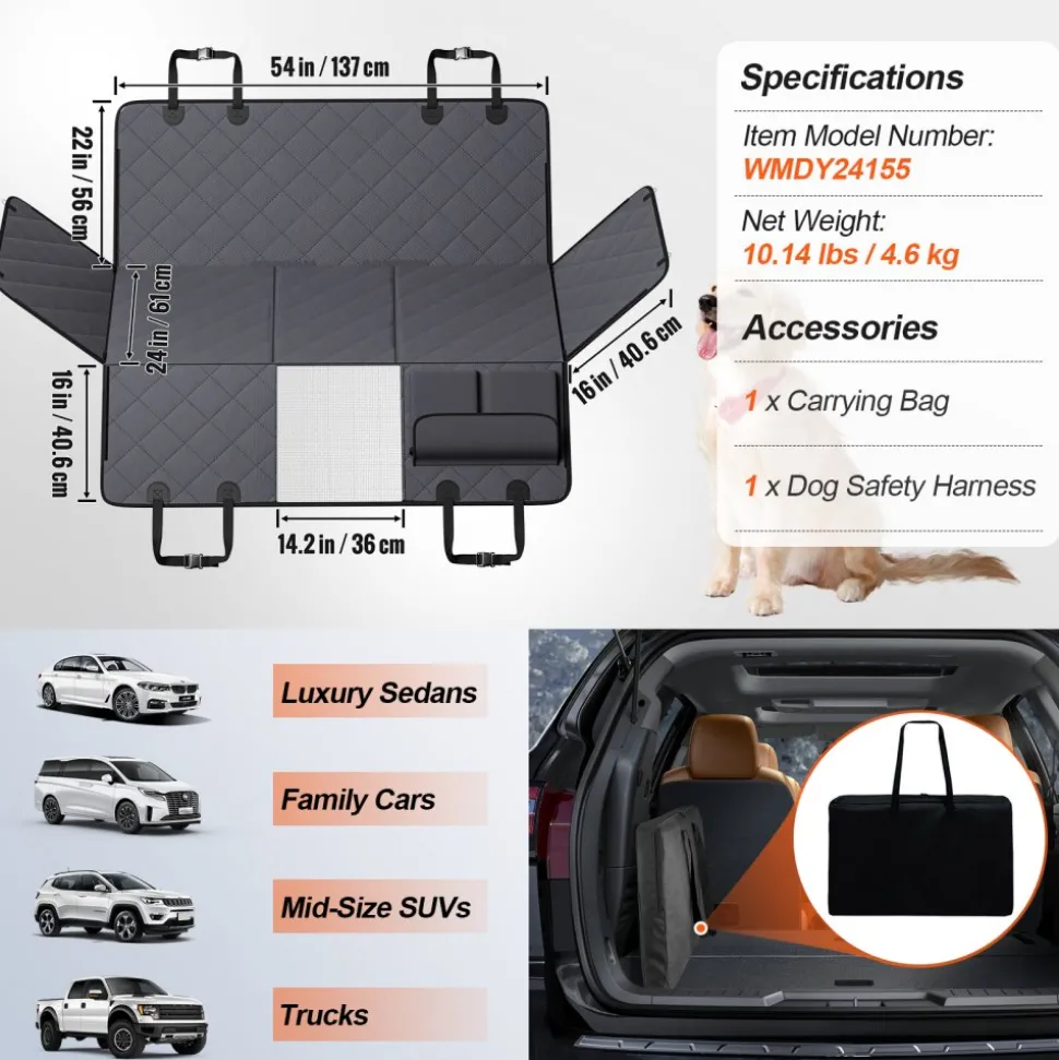 VEVOR Back Seat Extender for Dogs,Dog Hammock for Car Back seat,Waterproof Hard Bottom Dog Car Seat Cover for Back Seat 54"x24",Supports 400lbs with Mesh Window and Storage Pocket for Car, SUV