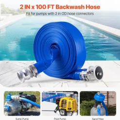 VEVOR Backwash Hose, 2 in x 100 ft, Blue High Quality PVC Hose, with Clamps, Camlock, Aluminum Fittings, Fit Various Pumps, for Sewage Treatment, Water Transportation and More Agricultural Purposes