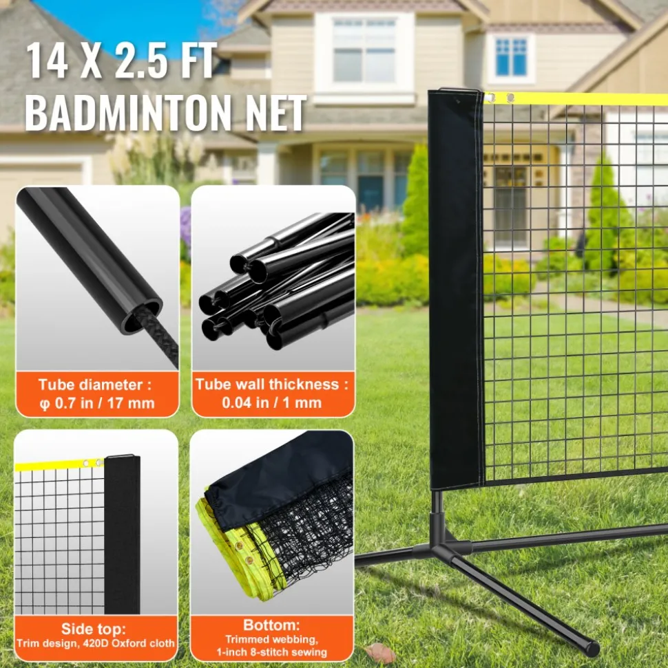 VEVOR Badminton Net, Height Adjustable Volleyball Net, 14ft Wide Foldable Pickleball Net, Portable Easy Setup Tennis Net Set with Poles, Stand and Carry Bag, for Kids Backyard Game Indoor Outdoor Use