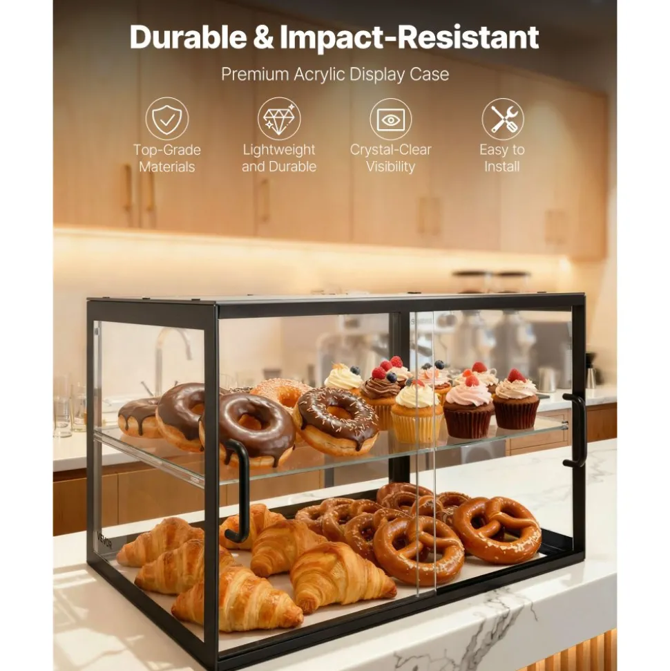 VEVOR Bakery Display Case, 2-Tier Commercial Countertop Pastry Display Case, Clear Acrylic Bread Box for Kitchen, Party Cake Cabinet with Sliding Door for Cookie Dessert Donut, 21.7" x 15.2" x 15.4"