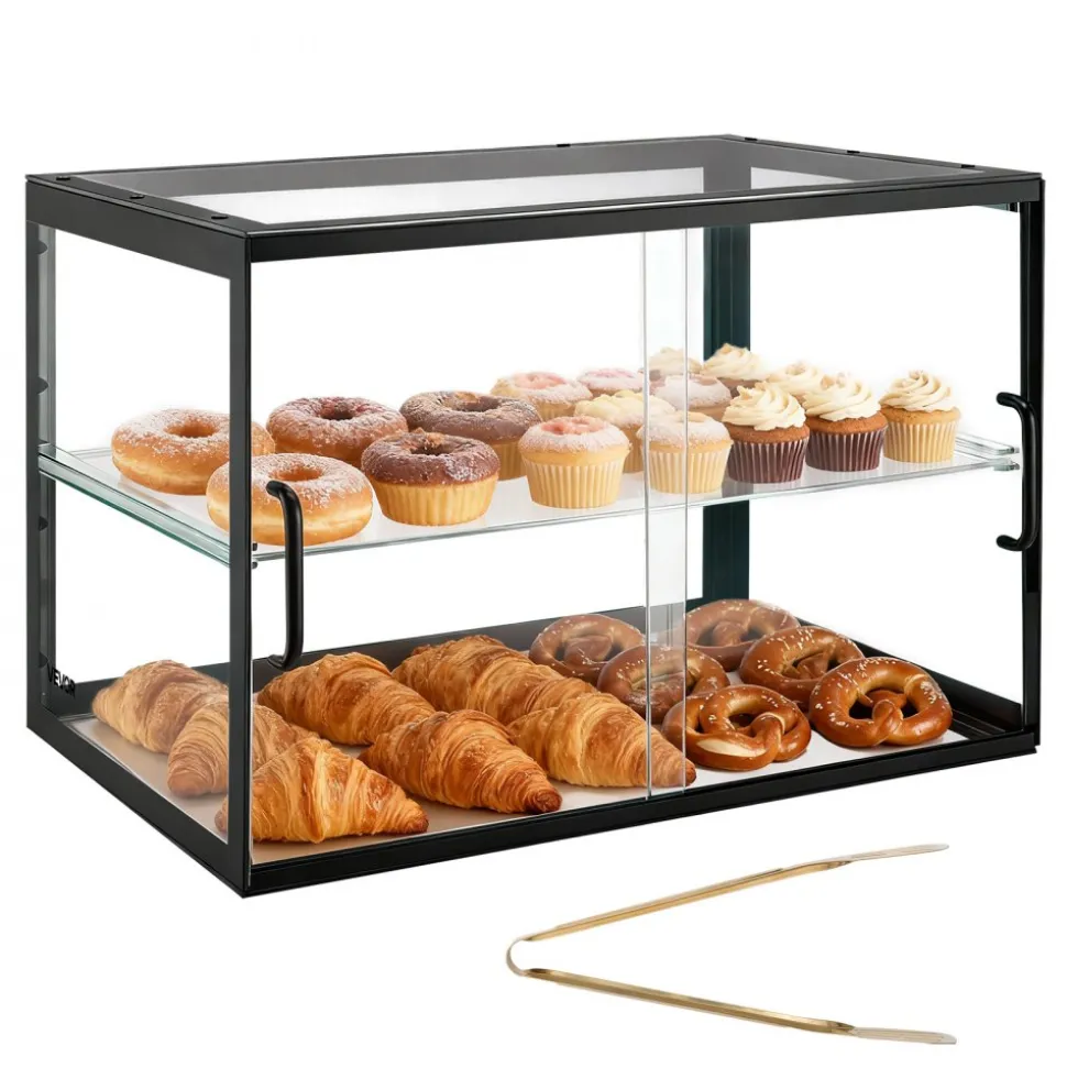 VEVOR Bakery Display Case, 2-Tier Commercial Countertop Pastry Display Case, Clear Acrylic Bread Box for Kitchen, Party Cake Cabinet with Sliding Door for Cookie Dessert Donut, 21.7" x 15.2" x 15.4"