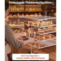 VEVOR Bakery Display Case, 4-Tier Commercial Countertop Pastry Display Case, Clear Acrylic Bread Box for Kitchen, Party Cake Cabinet with Magnetic Rear Door for Cookie Dessert Donut, 20.9