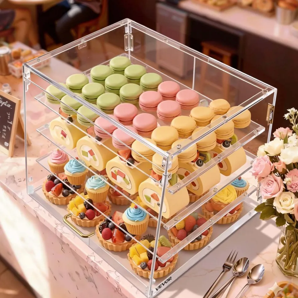 VEVOR Bakery Display Case, 4-Tier Commercial Countertop Pastry Display Case, Clear Acrylic Bread Box for Kitchen, Party Cake Cabinet with Magnetic Rear Door for Cookie Dessert Donut, 20.9"x17.1"x16.3"