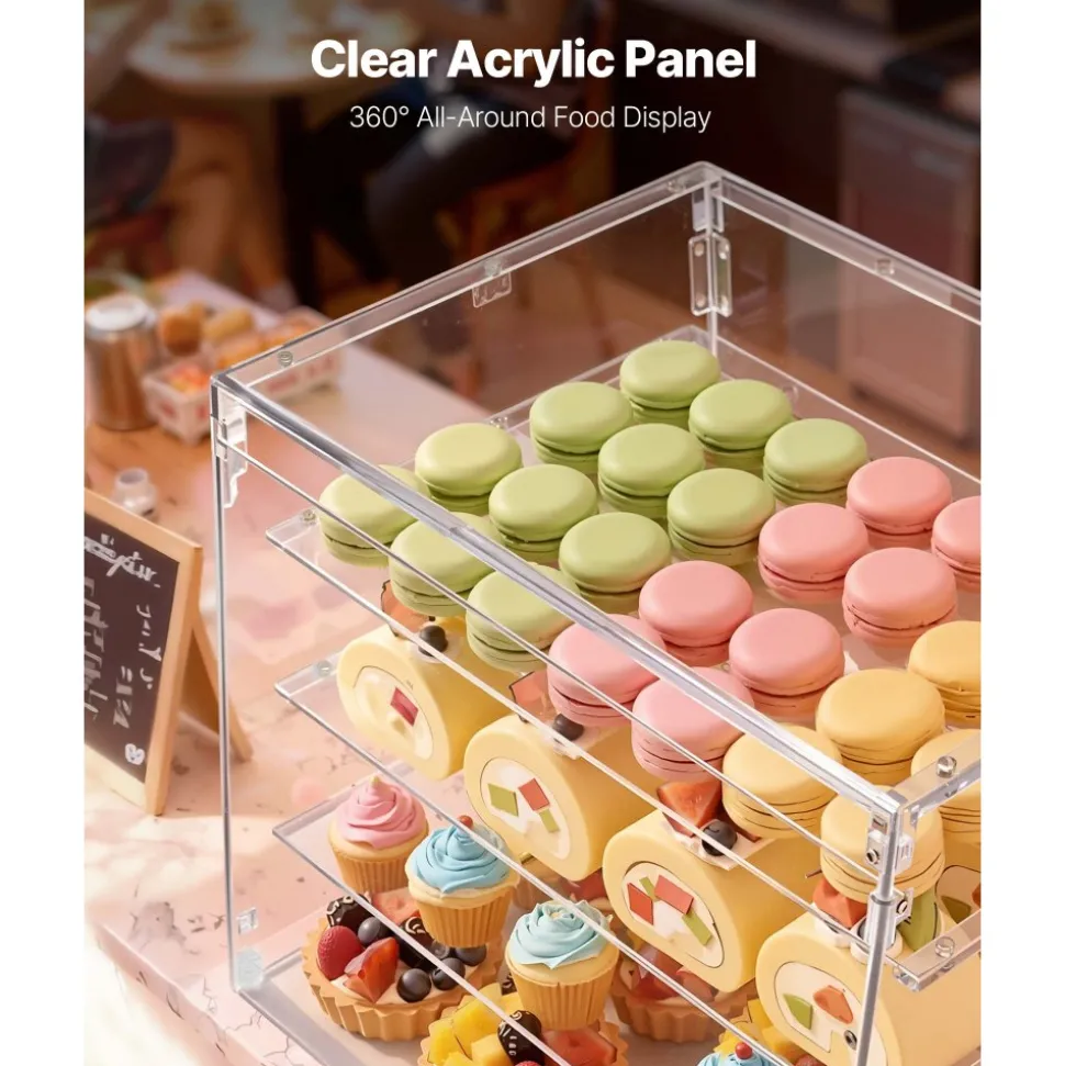 VEVOR Bakery Display Case, 4-Tier Commercial Countertop Pastry Display Case, Clear Acrylic Bread Box for Kitchen, Party Cake Cabinet with Magnetic Rear Door for Cookie Dessert Donut, 20.9"x17.1"x16.3"