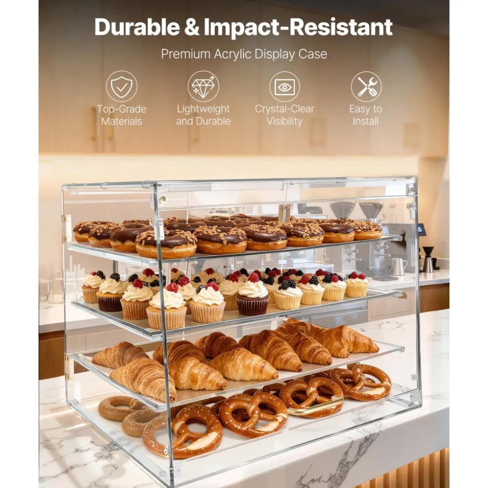VEVOR Bakery Display Case, 4-Tier Commercial Countertop Pastry Display Case, Clear Acrylic Bread Box for Kitchen, Party Cake Cabinet with Magnetic Rear Door for Cookie Dessert Donut, 20.9"x17.1"x16.3"