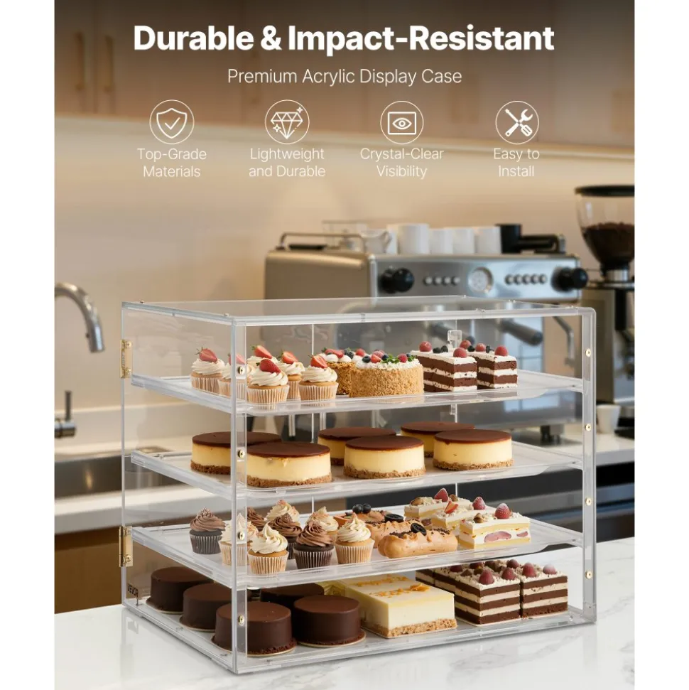 VEVOR Bakery Display Case, 4-Tier Commercial Countertop Pastry Display Case, Clear Acrylic Bread Box for Kitchen, Party Cake Cabinet with Magnetic Rear Door for Cookie Dessert Donut, 22.4"x17.3"x15.9"