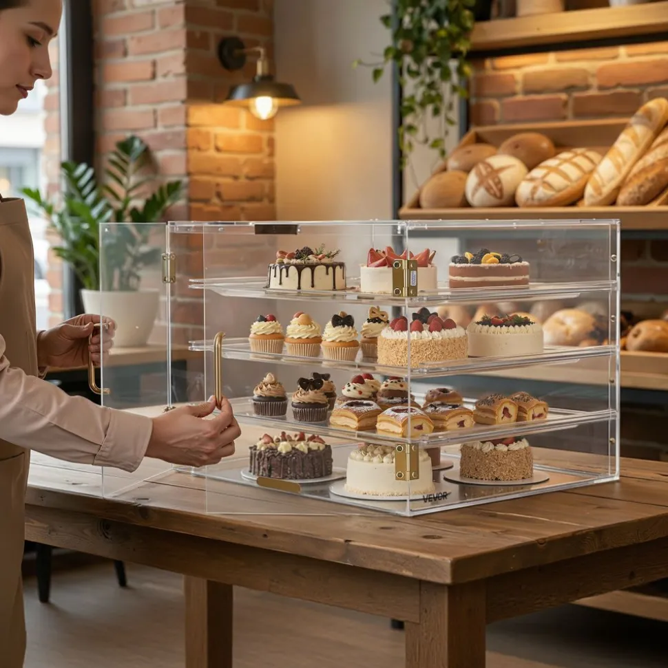 VEVOR Bakery Display Case, 4-Tier Commercial Countertop Pastry Display Case, Clear Acrylic Bread Box for Kitchen, Party Cake Cabinet with Magnetic Rear Door for Cookie Dessert Donut, 22.4"x17.3"x15.9"