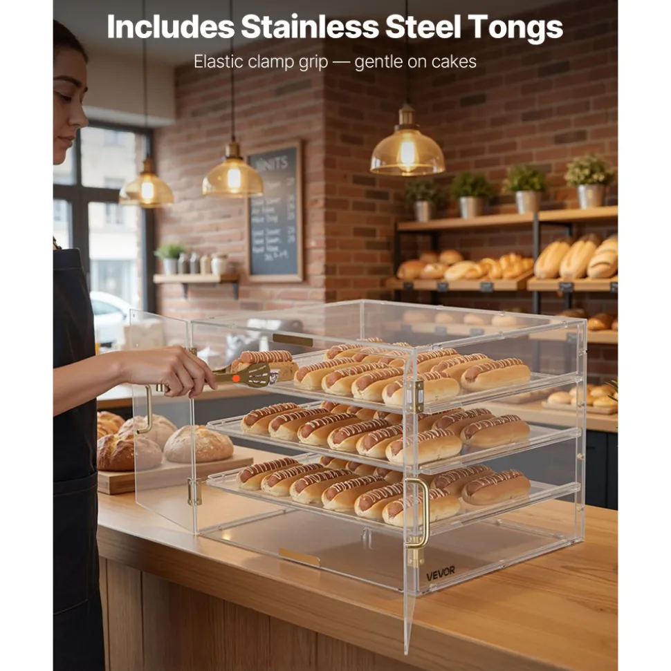 VEVOR Bakery Display Case, 4-Tier Commercial Countertop Pastry Display Case, Clear Acrylic Bread Box for Kitchen, Party Cake Cabinet with Magnetic Rear Door for Cookie Dessert Donut, 22.4"x17.3"x15.9"