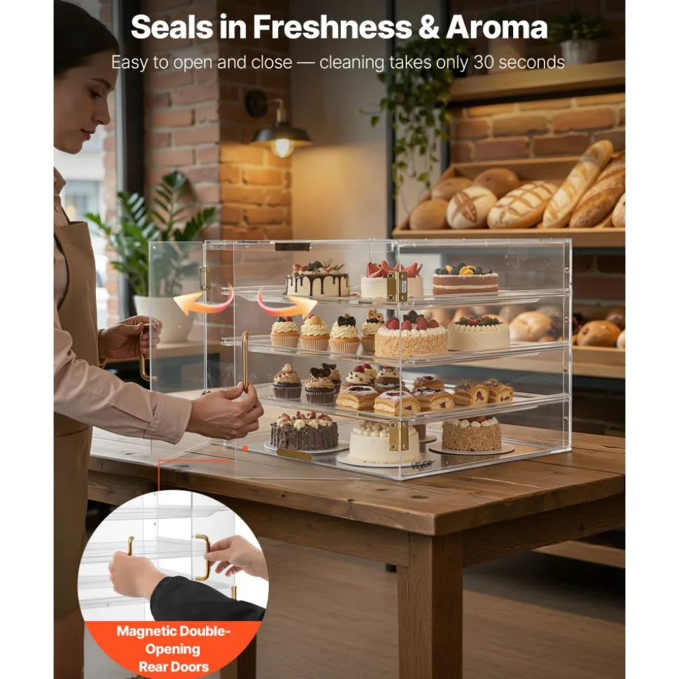 VEVOR Bakery Display Case, 4-Tier Commercial Countertop Pastry Display Case, Clear Acrylic Bread Box for Kitchen, Party Cake Cabinet with Magnetic Rear Door for Cookie Dessert Donut, 22.4"x17.3"x15.9"