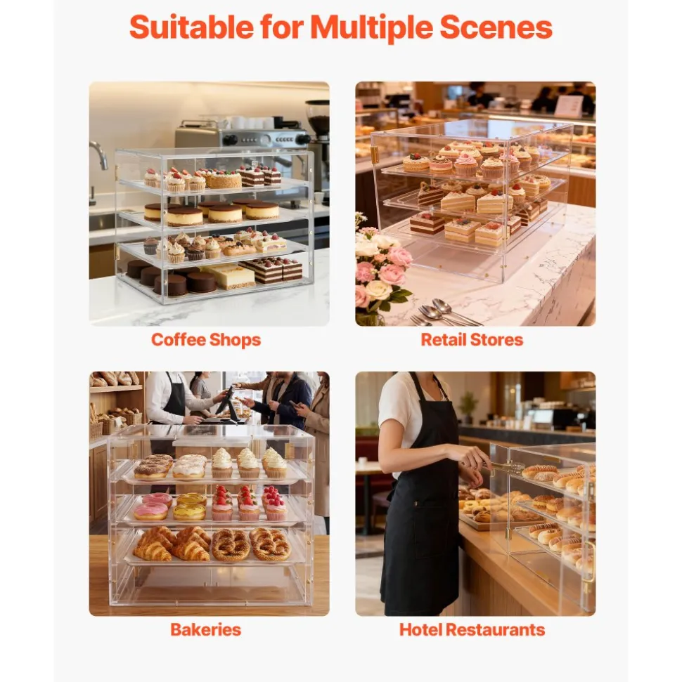 VEVOR Bakery Display Case, 4-Tier Commercial Countertop Pastry Display Case, Clear Acrylic Bread Box for Kitchen, Party Cake Cabinet with Magnetic Rear Door for Cookie Dessert Donut, 22.4"x17.3"x15.9"