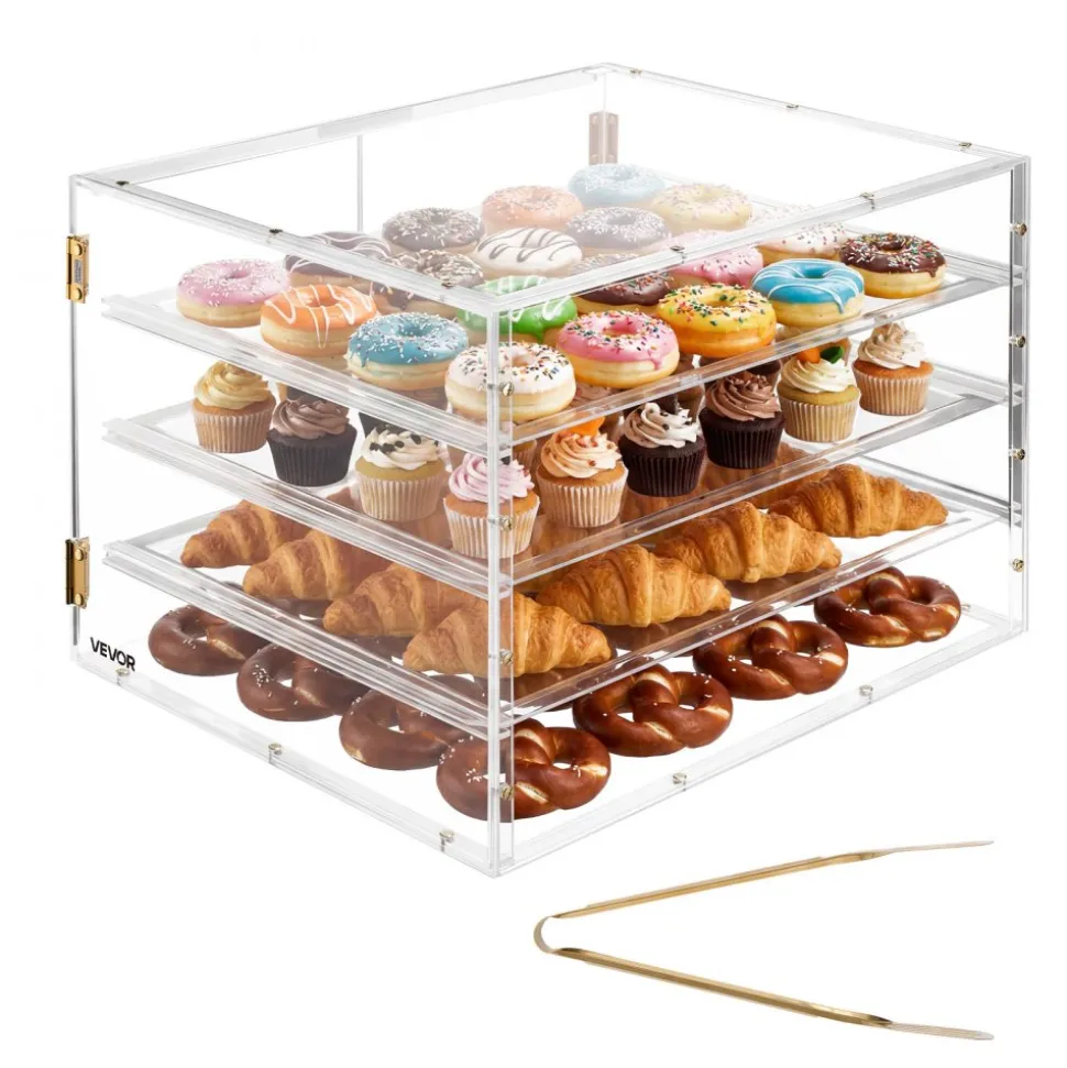VEVOR Bakery Display Case, 4-Tier Commercial Countertop Pastry Display Case, Clear Acrylic Bread Box for Kitchen, Party Cake Cabinet with Magnetic Rear Door for Cookie Dessert Donut, 22.4"x17.3"x15.9"