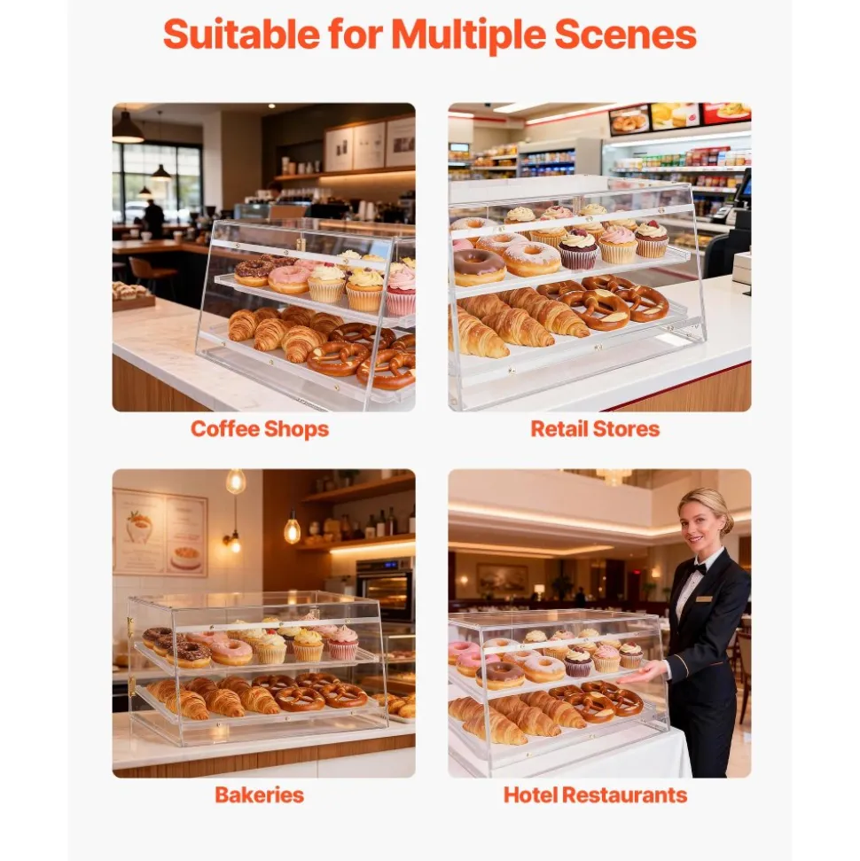 VEVOR Bakery Display Case, 2-Tier Commercial Countertop Pastry Display Case, Clear Acrylic Bread Box for Kitchen, Party Cake Cabinet with Magnetic Rear Door for Cookie Dessert Donut, 20.7"x15.7"x12"