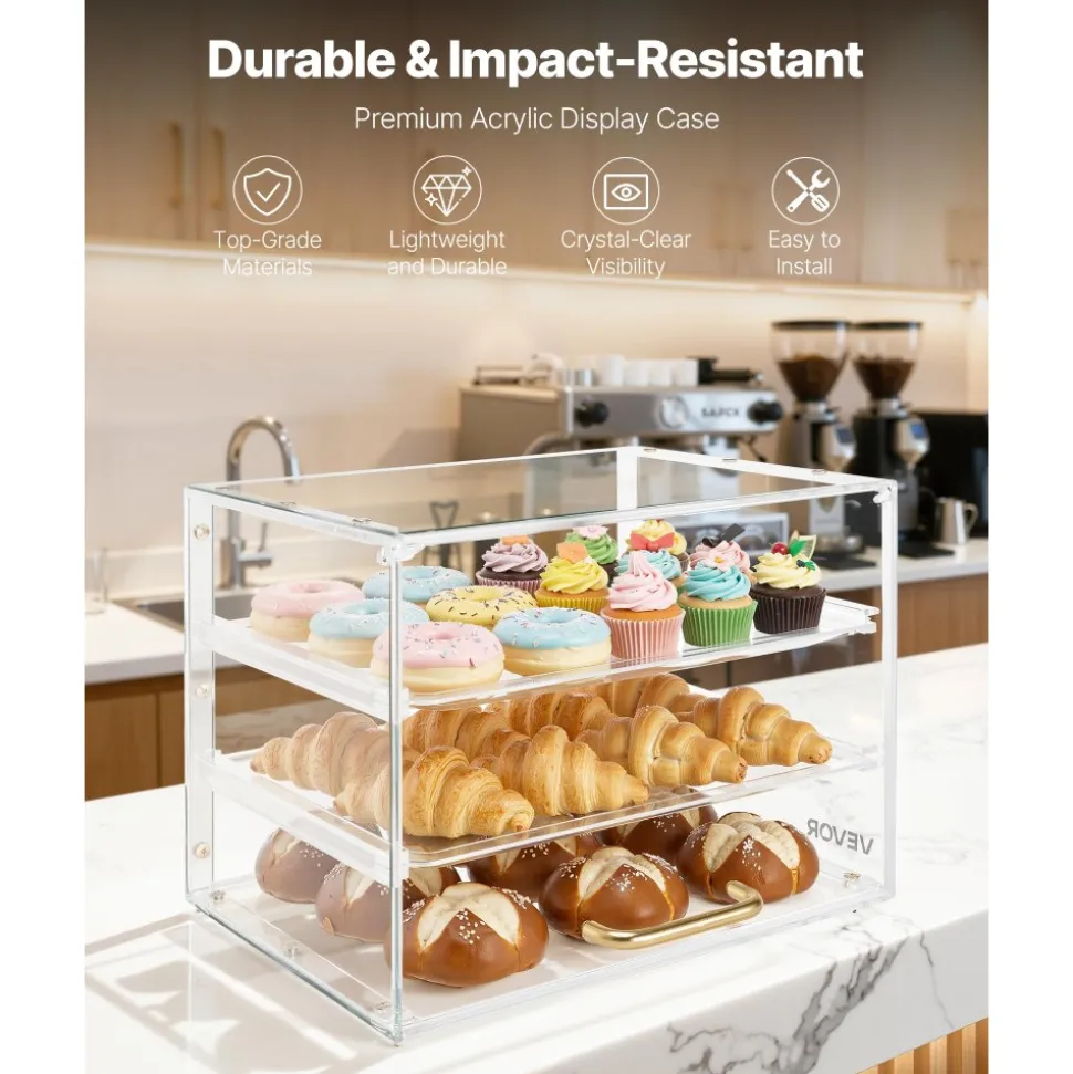 VEVOR Bakery Display Case, 3-Tier Commercial Countertop Pastry Display Case, Clear Acrylic Bread Box for Kitchen, Party Cake Cabinet with Flip-Up Door for Cookie Dessert Donut, 13" x 10.2" x 10.2"