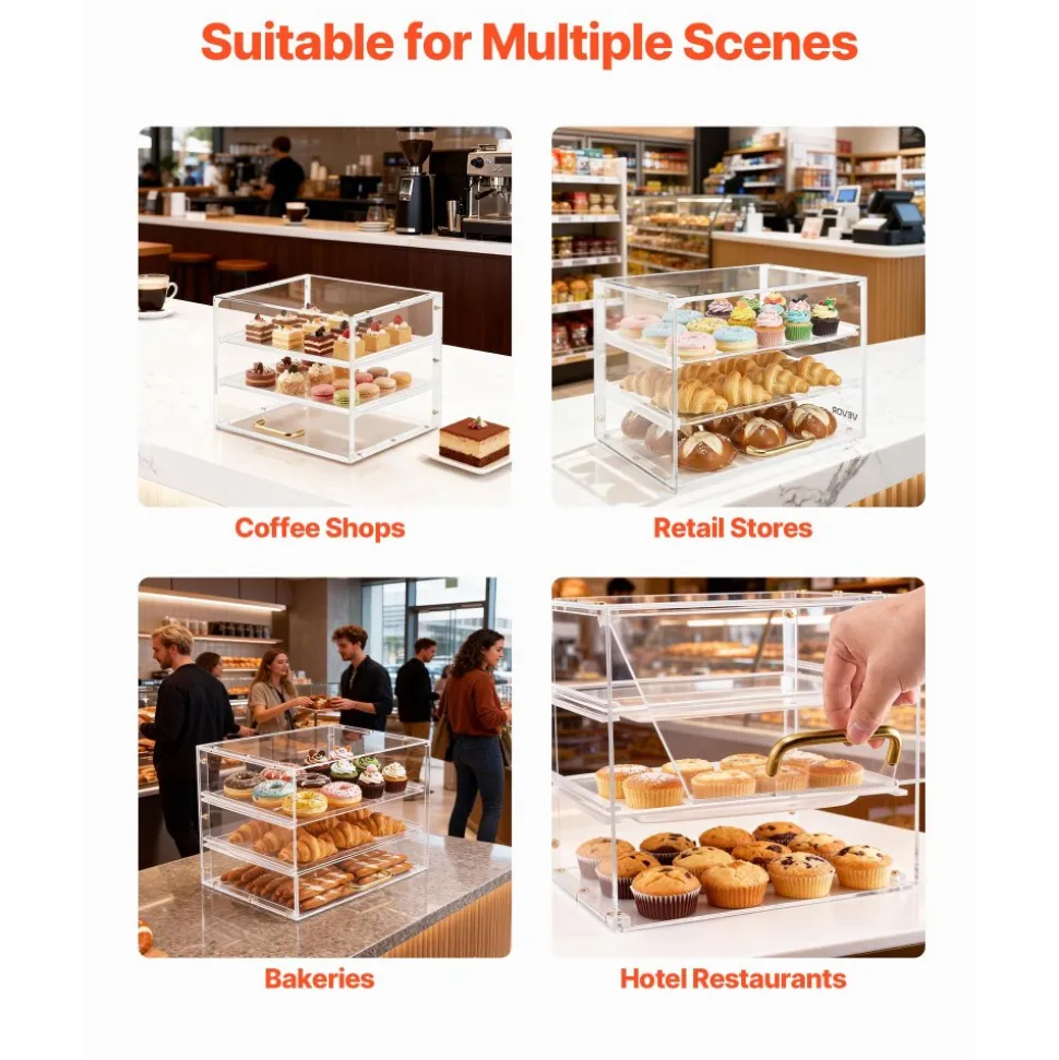 VEVOR Bakery Display Case, 3-Tier Commercial Countertop Pastry Display Case, Clear Acrylic Bread Box for Kitchen, Party Cake Cabinet with Flip-Up Door for Cookie Dessert Donut, 13" x 10.2" x 10.2"