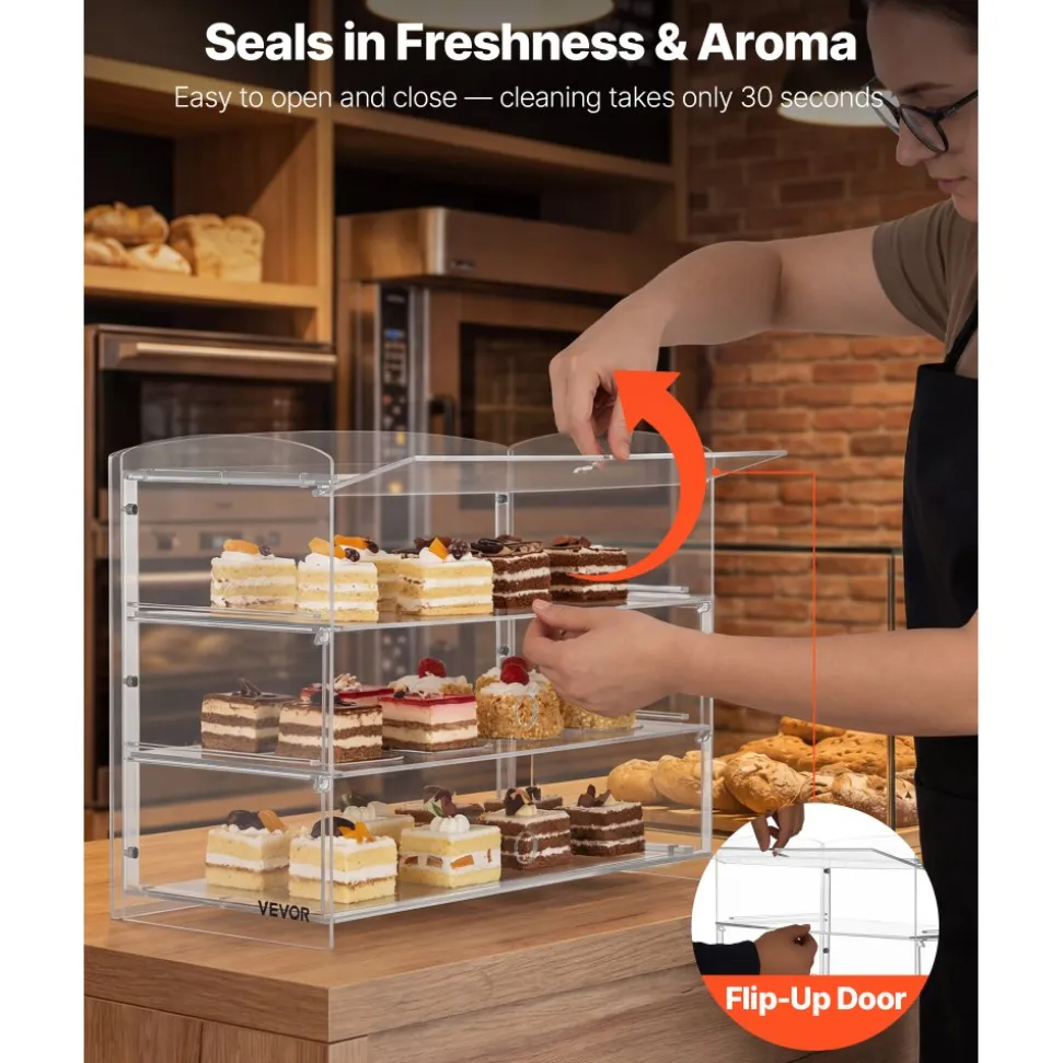 VEVOR Bakery Display Case, 3-Tier Commercial Countertop Pastry Display Case, Clear Acrylic Bread Box for Kitchen, Party Cake Cabinet with Flip-Up Door for Cookie Dessert Donut Bagel, 19" x 9.1" x 15"