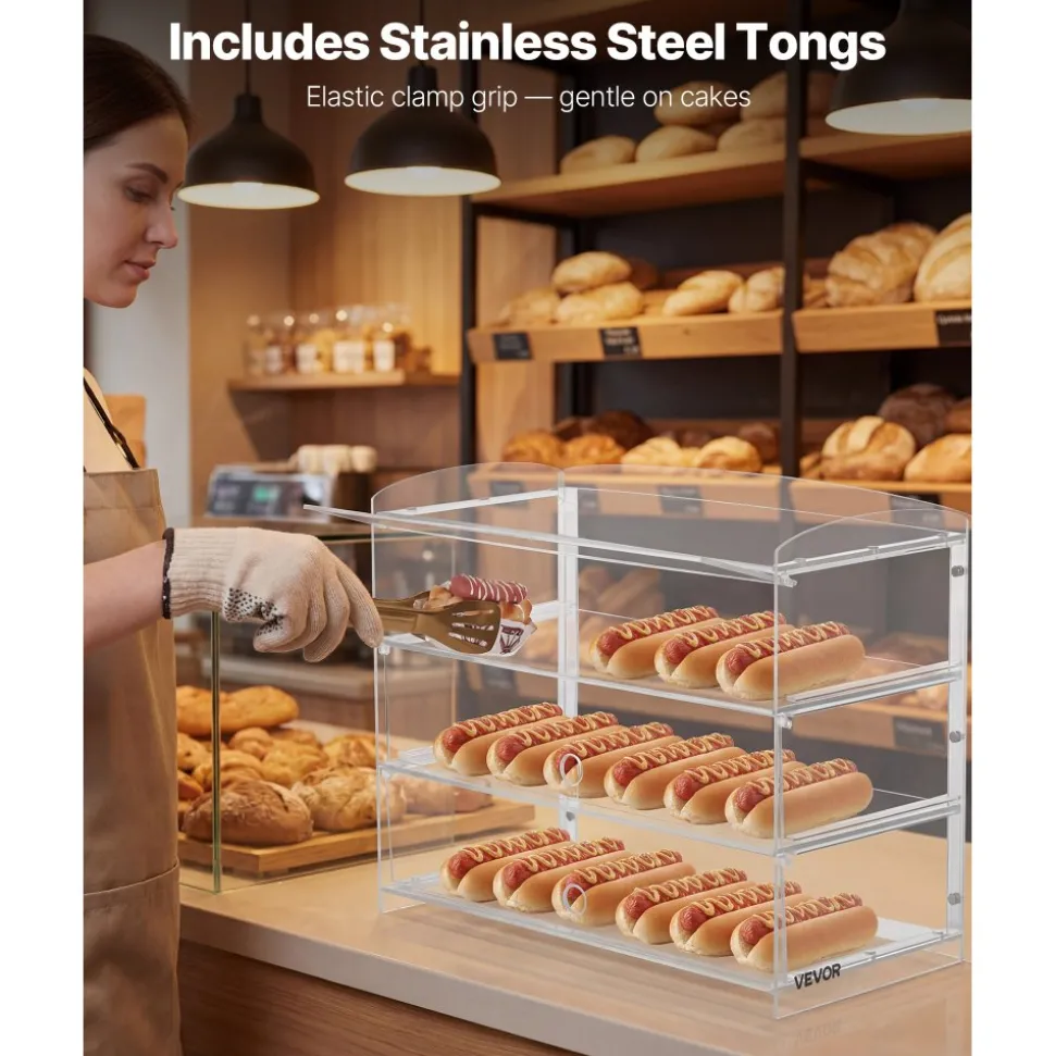 VEVOR Bakery Display Case, 3-Tier Commercial Countertop Pastry Display Case, Clear Acrylic Bread Box for Kitchen, Party Cake Cabinet with Flip-Up Door for Cookie Dessert Donut Bagel, 19" x 9.1" x 15"
