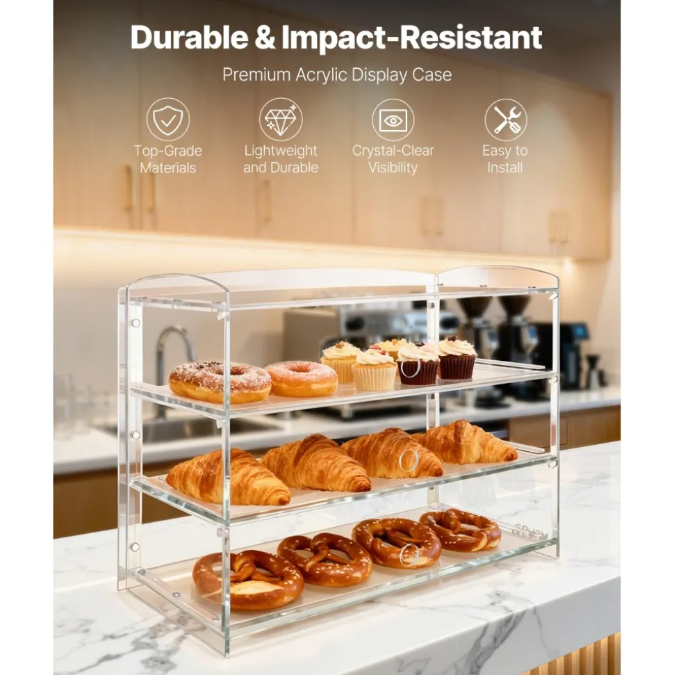 VEVOR Bakery Display Case, 3-Tier Commercial Countertop Pastry Display Case, Clear Acrylic Bread Box for Kitchen, Party Cake Cabinet with Flip-Up Door for Cookie Dessert Donut Bagel, 19" x 9.1" x 15"