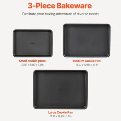 VEVOR Baking Pans Set, 3-Piece, Nonstick Carbon Steel Cookware Sheets & Trays, Stackable Kitchen Oven Bakeware Cooking Sets with Silicone Handles, Easy to Clean, for Baking Cookie Cake Muffin Bread