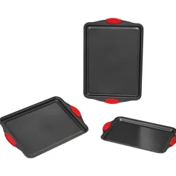 VEVOR Baking Pans Set, 3-Piece, Nonstick Carbon Steel Cookware Sheets & Trays, Stackable Kitchen Oven Bakeware Cooking Sets with Silicone Handles, Easy to Clean, for Baking Cookie Cake Muffin Bread