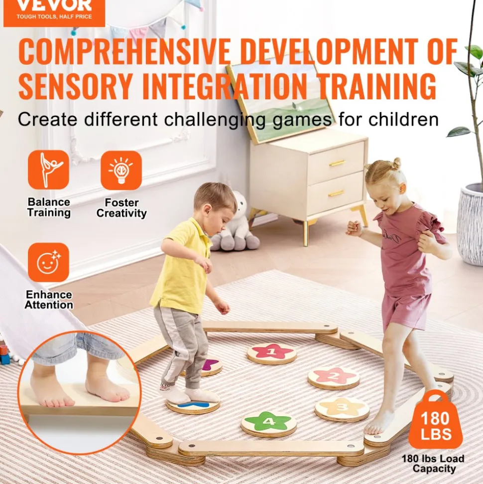 VEVOR Balance Beam Stepping Stones, 6 PCS Wooden Toddler Balance Boards, Montessori Toy for Kids 2-6, Build Coordination and Gross Motor Skills, Gymnastics Course Indoor & Outdoor for Girls Boys Gift