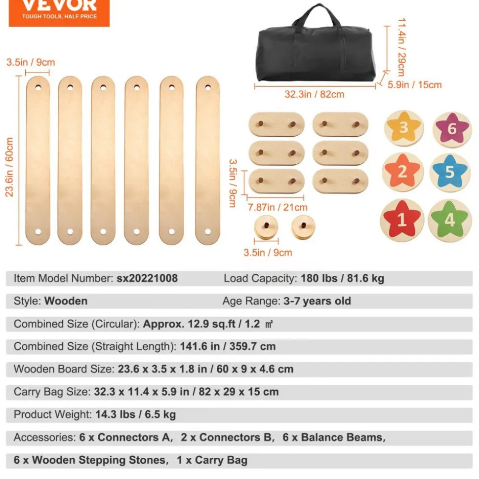 VEVOR Balance Beam Stepping Stones, 6 PCS Wooden Toddler Balance Boards, Montessori Toy for Kids 2-6, Build Coordination and Gross Motor Skills, Gymnastics Course Indoor & Outdoor for Girls Boys Gift