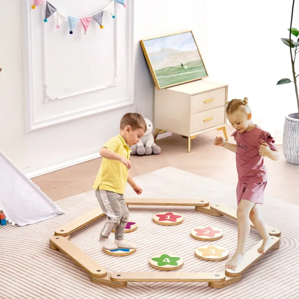 VEVOR Balance Beam Stepping Stones, 6 PCS Wooden Toddler Balance Boards, Montessori Toy for Kids 2-6, Build Coordination and Gross Motor Skills, Gymnastics Course Indoor & Outdoor for Girls Boys Gift