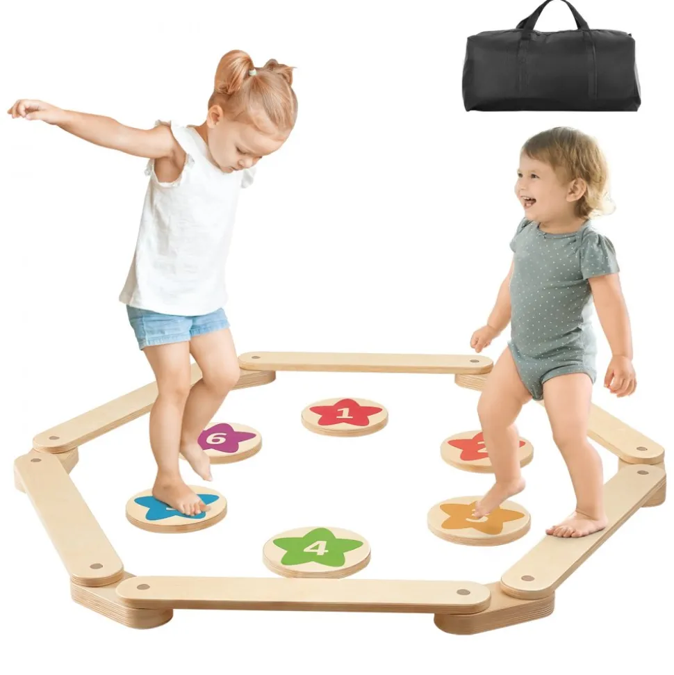 VEVOR Balance Beam Stepping Stones, 6 PCS Wooden Toddler Balance Boards, Montessori Toy for Kids 2-6, Build Coordination and Gross Motor Skills, Gymnastics Course Indoor & Outdoor for Girls Boys Gift