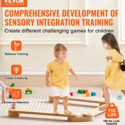VEVOR Balance Beam Stepping Stones, 3 PCS Wooden Toddler Balance Boards, Montessori Toy for Kids 2-6, Build Coordination and Gross Motor Skills, Gymnastics Course Indoor & Outdoor for Girls Boys Gift