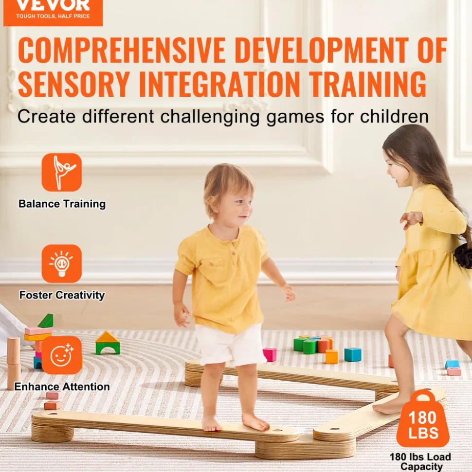 VEVOR Balance Beam Stepping Stones, 3 PCS Wooden Toddler Balance Boards, Montessori Toy for Kids 2-6, Build Coordination and Gross Motor Skills, Gymnastics Course Indoor & Outdoor for Girls Boys Gift