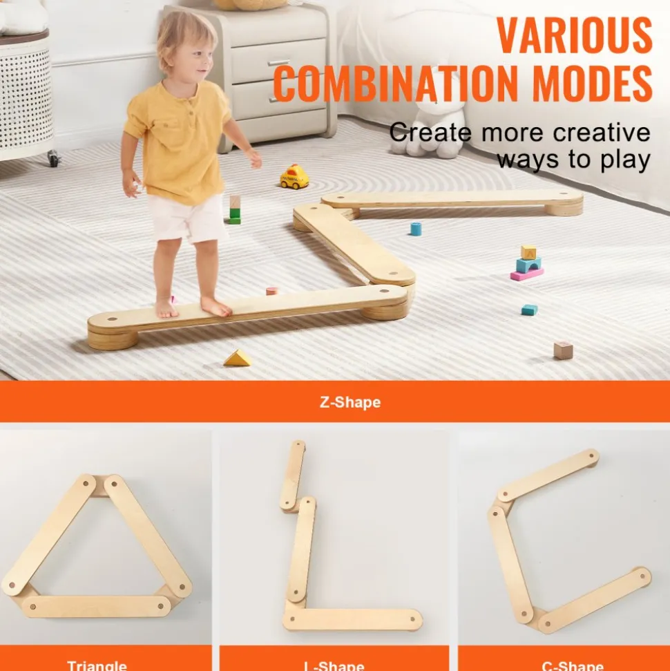 VEVOR Balance Beam Stepping Stones, 3 PCS Wooden Toddler Balance Boards, Montessori Toy for Kids 2-6, Build Coordination and Gross Motor Skills, Gymnastics Course Indoor & Outdoor for Girls Boys Gift