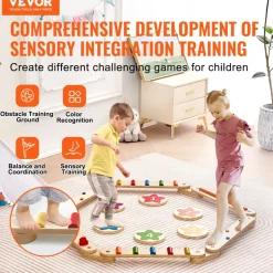 VEVOR Balance Beam Stepping Stones, 6 PCS Wooden Toddler Balance Boards, Montessori Toy for Kids 2-6, Build Coordination and Gross Motor Skills Gymnastics Obstacle Course Indoor Outdoor for Girls Boys