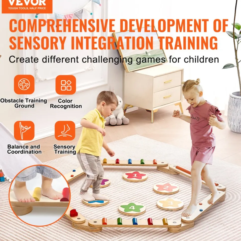 VEVOR Balance Beam Stepping Stones, 6 PCS Wooden Toddler Balance Boards, Montessori Toy for Kids 2-6, Build Coordination and Gross Motor Skills Gymnastics Obstacle Course Indoor Outdoor for Girls Boys