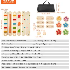 VEVOR Balance Beam Stepping Stones, 6 PCS Wooden Toddler Balance Boards, Montessori Toy for Kids 2-6, Build Coordination and Gross Motor Skills Gymnastics Obstacle Course Indoor Outdoor for Girls Boys