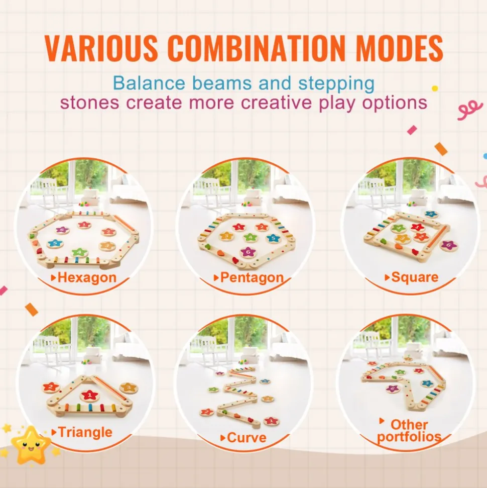 VEVOR Balance Beam Stepping Stones, 6 PCS Wooden Toddler Balance Boards, Montessori Toy for Kids 2-6, Build Coordination and Gross Motor Skills Gymnastics Obstacle Course Indoor Outdoor for Girls Boys