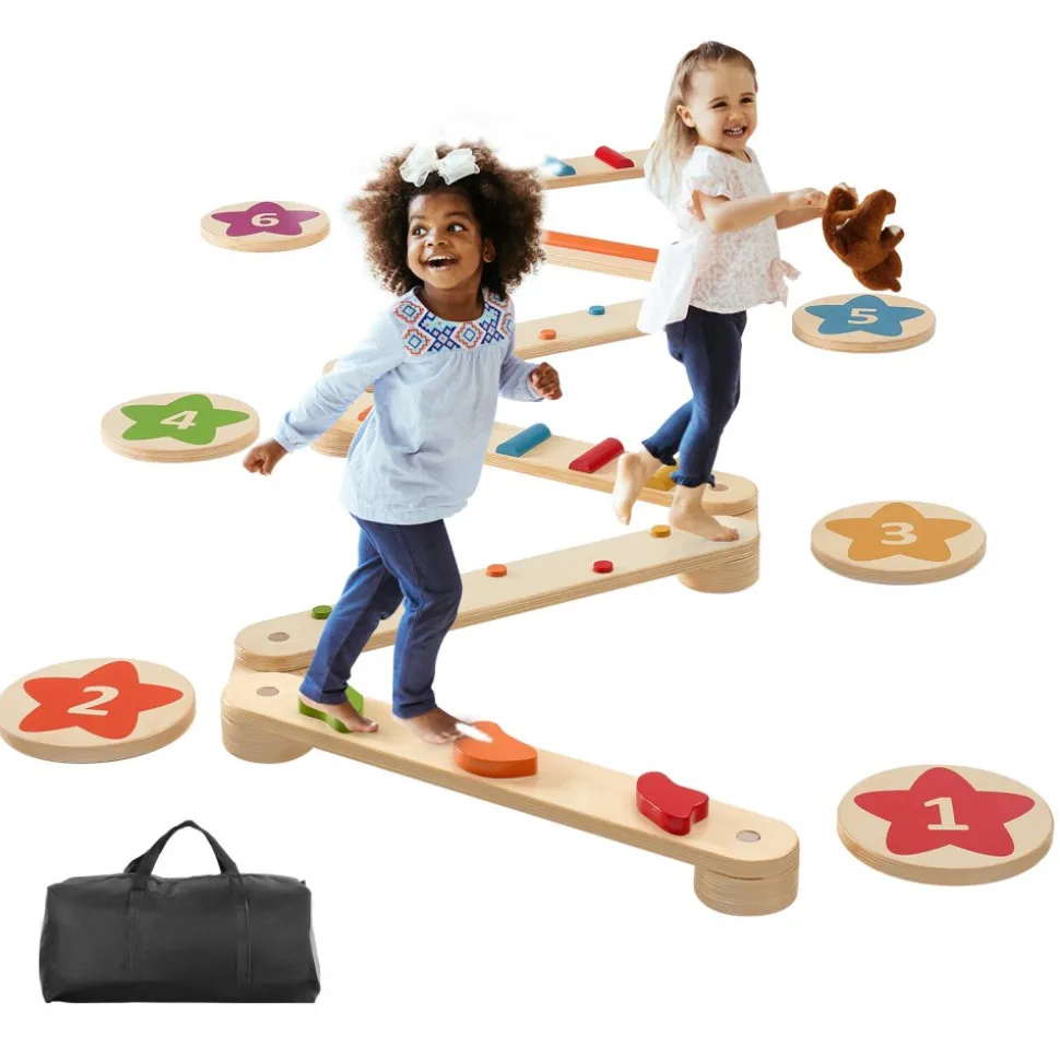 VEVOR Balance Beam Stepping Stones, 6 PCS Wooden Toddler Balance Boards, Montessori Toy for Kids 2-6, Build Coordination and Gross Motor Skills Gymnastics Obstacle Course Indoor Outdoor for Girls Boys