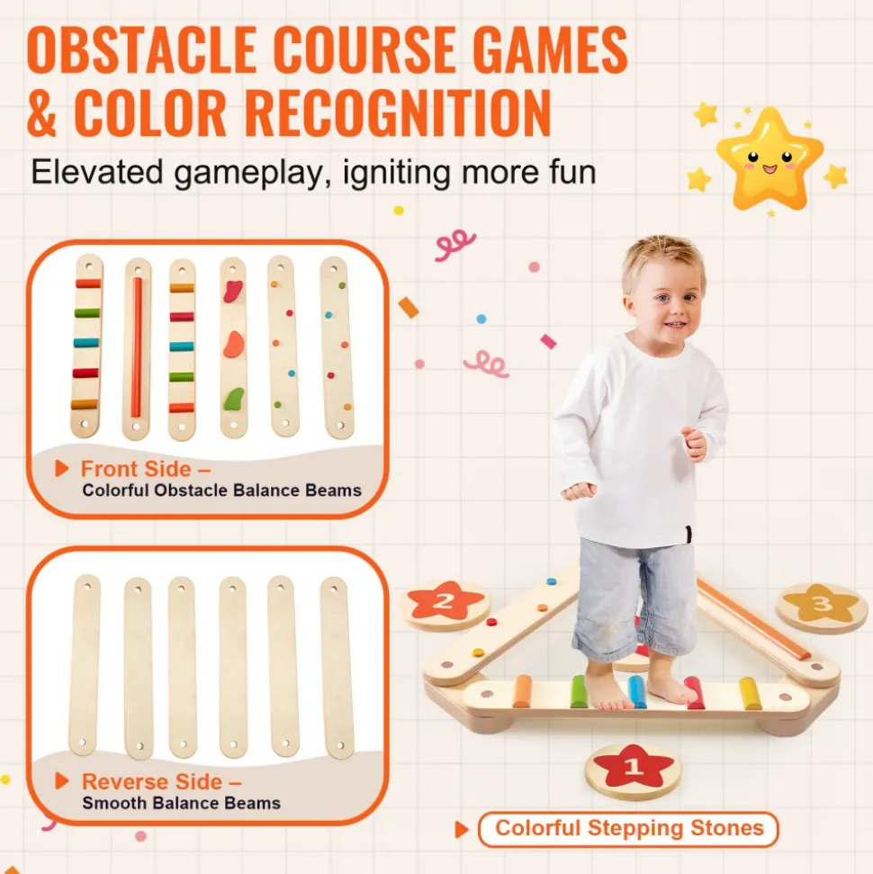 VEVOR Balance Beam Stepping Stones, 6 PCS Wooden Toddler Balance Boards, Montessori Toy for Kids 2-6, Build Coordination and Gross Motor Skills Gymnastics Obstacle Course Indoor Outdoor for Girls Boys