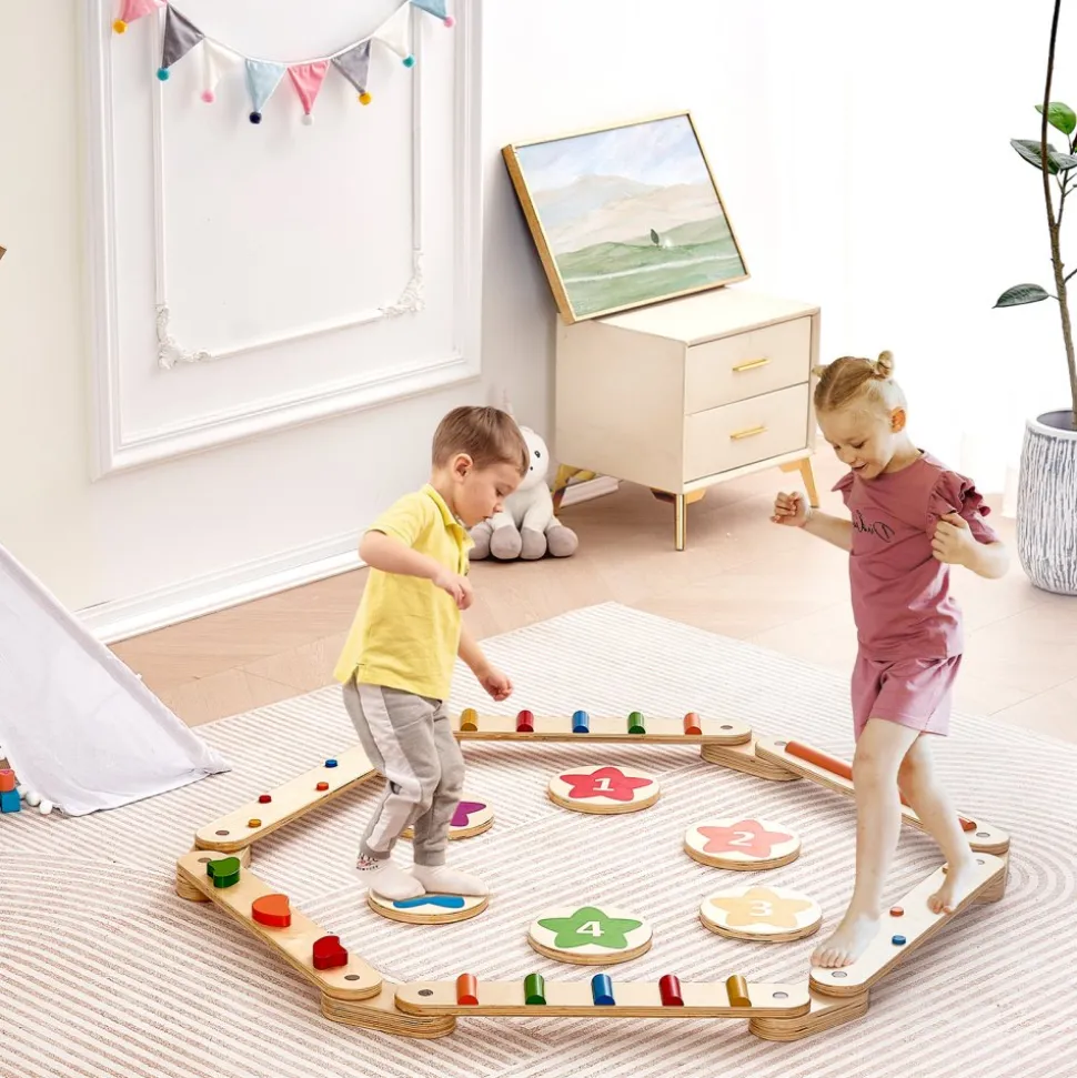 VEVOR Balance Beam Stepping Stones, 6 PCS Wooden Toddler Balance Boards, Montessori Toy for Kids 2-6, Build Coordination and Gross Motor Skills Gymnastics Obstacle Course Indoor Outdoor for Girls Boys