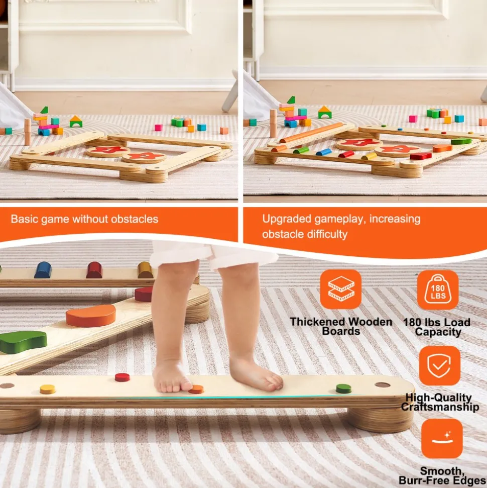 VEVOR Balance Beam Stepping Stones, 6 PCS Wooden Toddler Balance Boards, Montessori Toy for Kids 2-6, Build Coordination and Gross Motor Skills Gymnastics Obstacle Course Indoor Outdoor for Girls Boys
