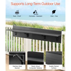 VEVOR Balcony Hanging Table, 12 x 59 in Folding Balcony Railing Table, Outdoor Balcony Bar Table for Railings, 50 lbs Loading, Fit Railing from 1" to 5.9", Serving Table for Patio & Deck