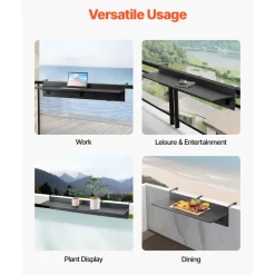 VEVOR Balcony Hanging Table, 12 x 48 in Folding Balcony Railing Table, Outdoor Balcony Bar Table for Railings, 50 lbs Loading, Fit Railing from 1