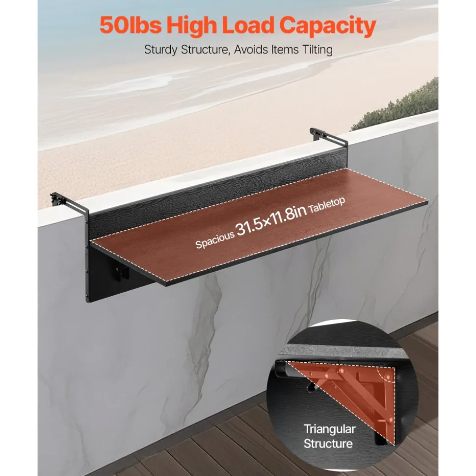 VEVOR Balcony Hanging Table, 12 x 32 in Folding Balcony Railing Table, Outdoor Balcony Bar Tables for Railings, 50 lbs Loading, Fit Railing from 1" to 4.3", Serving Tables for Patio & Deck