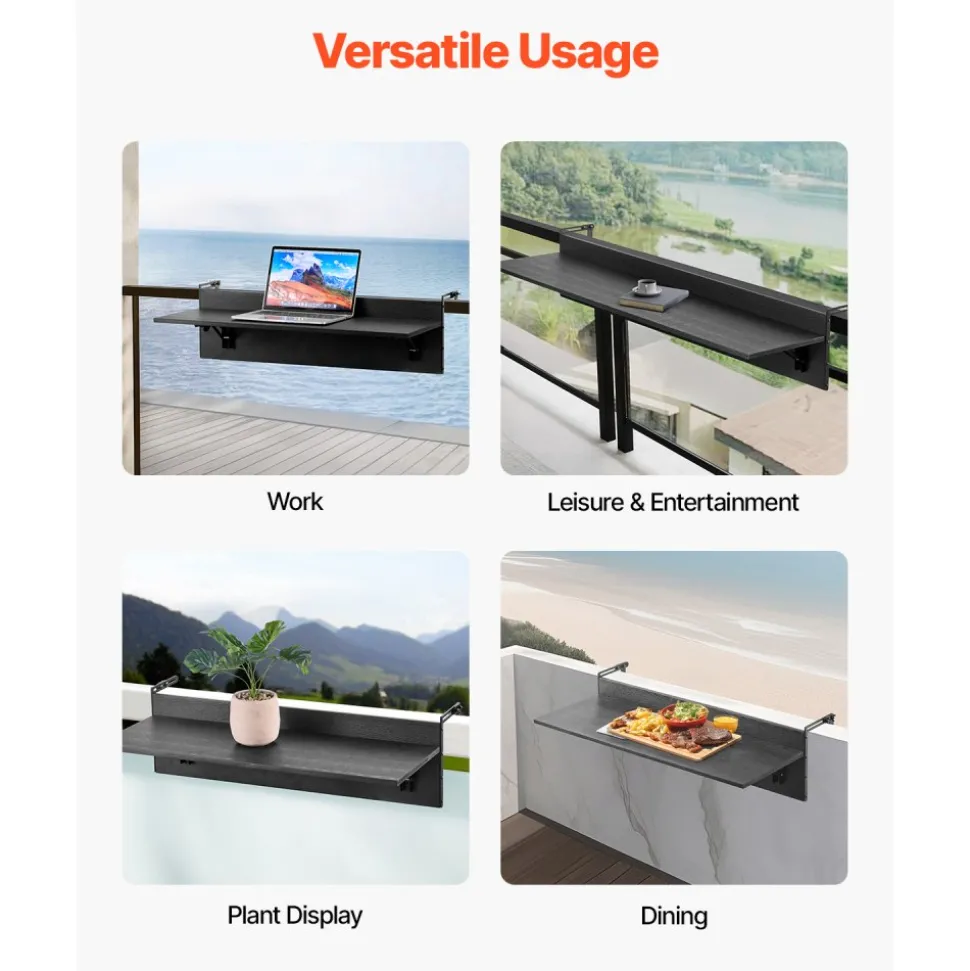 VEVOR Balcony Hanging Table, 12 x 32 in Folding Balcony Railing Table, Outdoor Balcony Bar Tables for Railings, 50 lbs Loading, Fit Railing from 1" to 4.3", Serving Tables for Patio & Deck