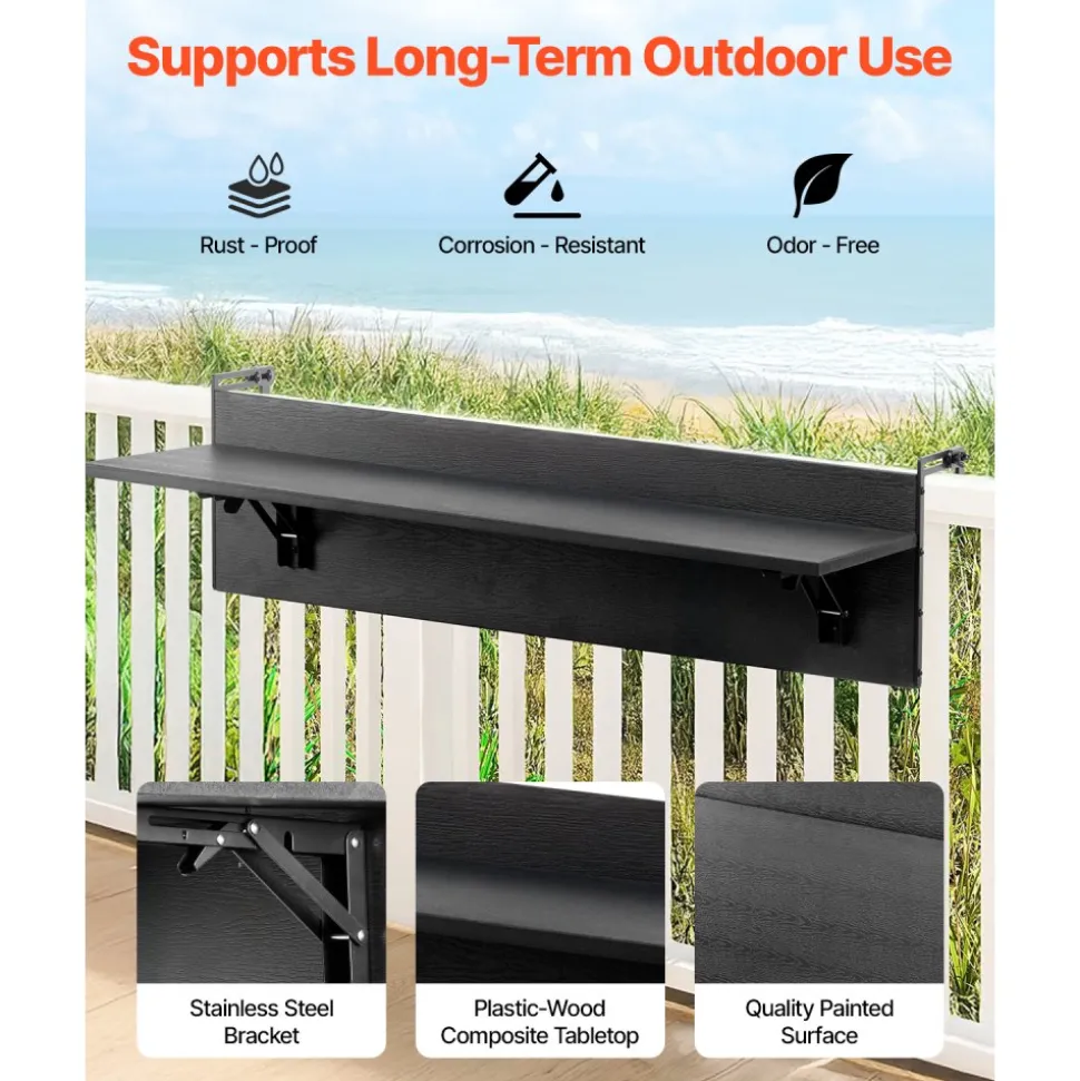 VEVOR Balcony Hanging Table, 12 x 32 in Folding Balcony Railing Table, Outdoor Balcony Bar Tables for Railings, 50 lbs Loading, Fit Railing from 1" to 4.3", Serving Tables for Patio & Deck