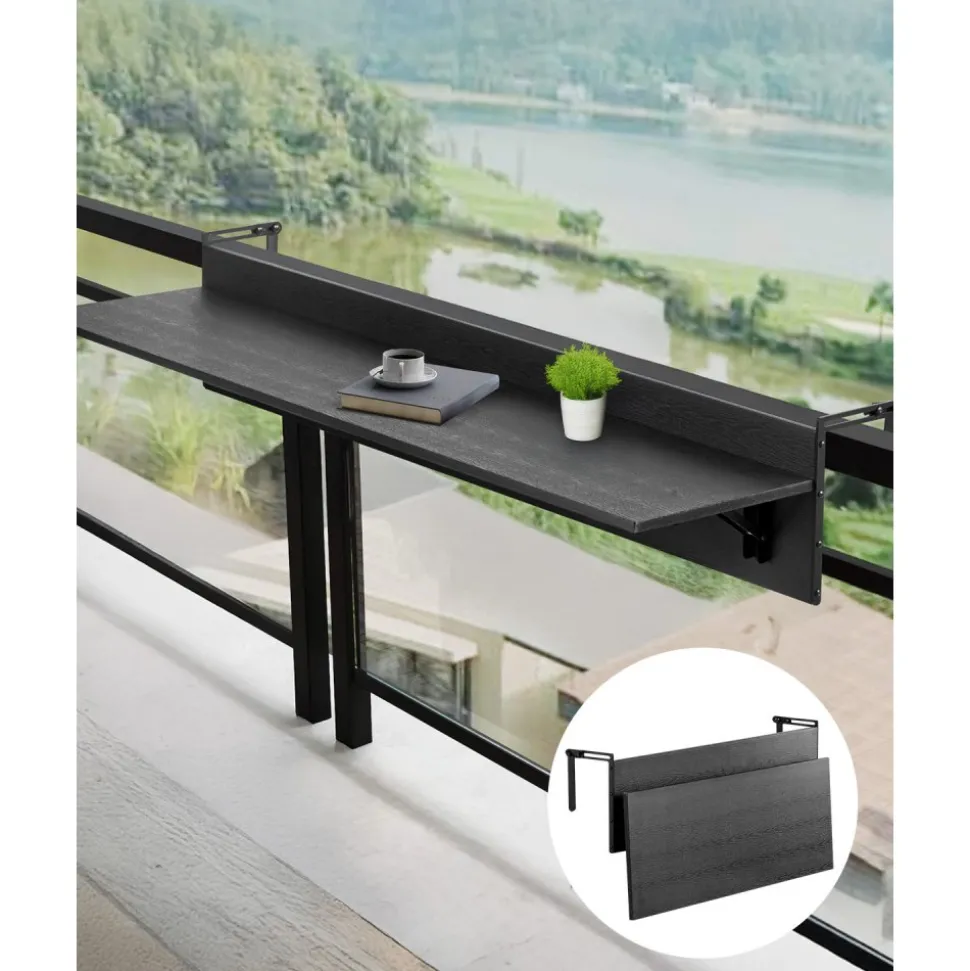 VEVOR Balcony Hanging Table, 12 x 32 in Folding Balcony Railing Table, Outdoor Balcony Bar Tables for Railings, 50 lbs Loading, Fit Railing from 1" to 4.3", Serving Tables for Patio & Deck