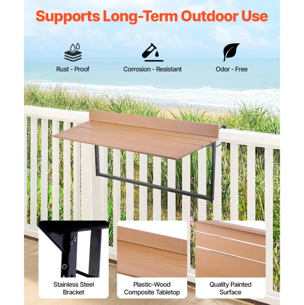 VEVOR Balcony Hanging Table, 15 x 39 in Folding Balcony Railing Table, Outdoor Balcony Bar Table for Railings, 5-Level Adjustable, Fit Railing from 1" to 5.3", Serving Table for Patio & Deck