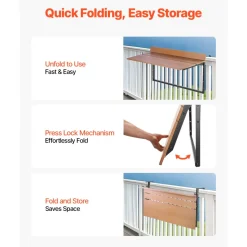 VEVOR Balcony Hanging Table, 15 x 39 in Folding Balcony Railing Table, Outdoor Balcony Bar Table for Railings, 5-Level Adjustable, Fit Railing from 1