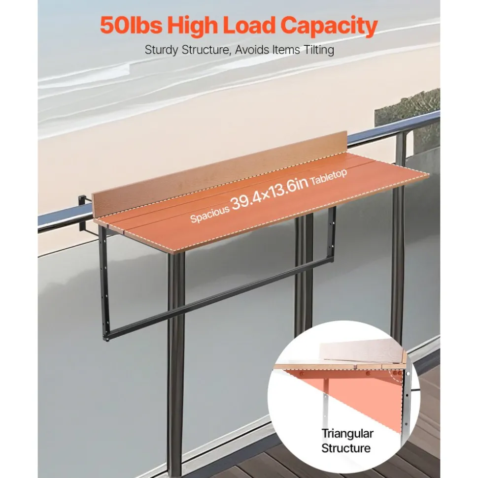 VEVOR Balcony Hanging Table, 15 x 39 in Folding Balcony Railing Table, Outdoor Balcony Bar Table for Railings, 5-Level Adjustable, Fit Railing from 1" to 5.3", Serving Table for Patio & Deck